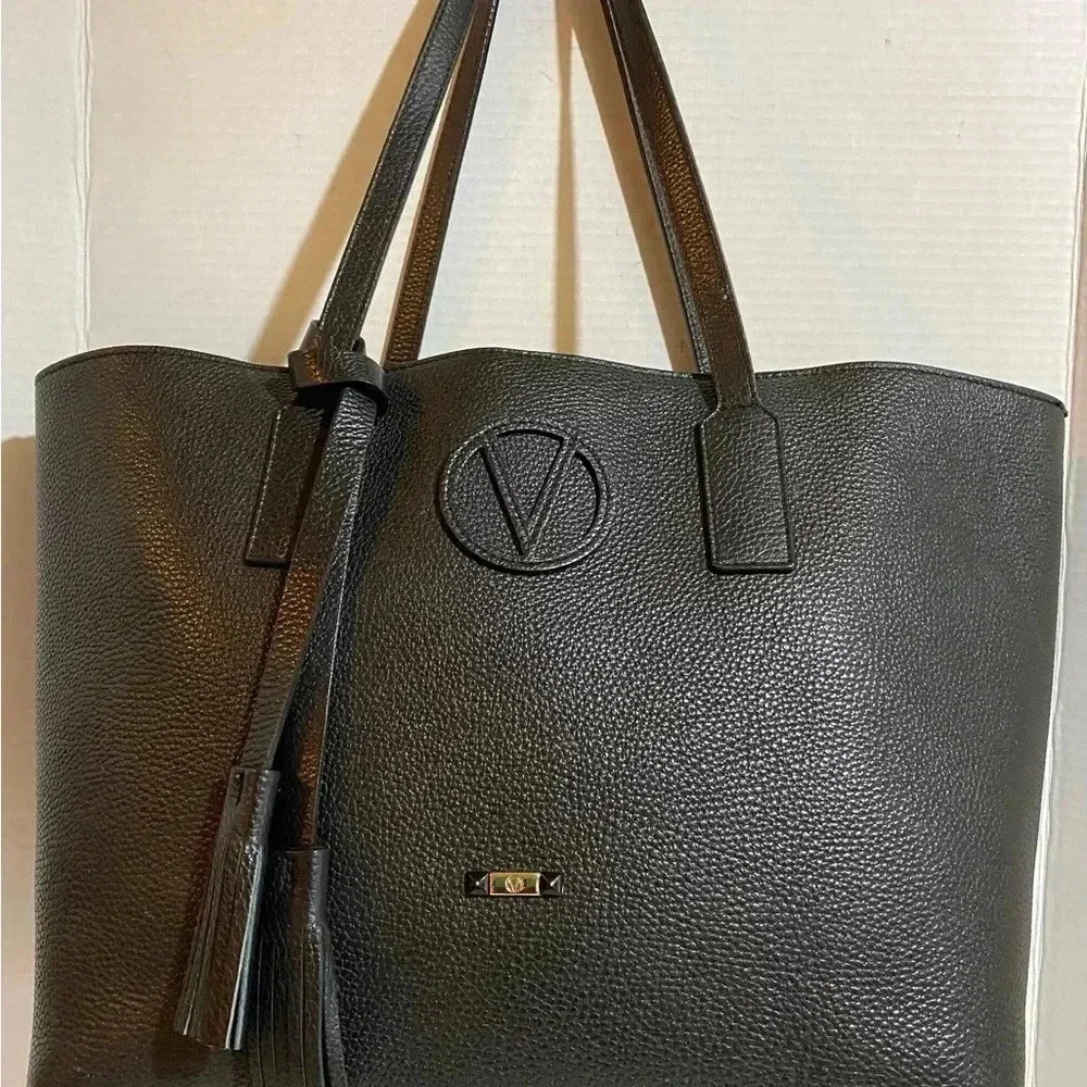 Valentino by Mario Valentino black pebbled leather tote handbag